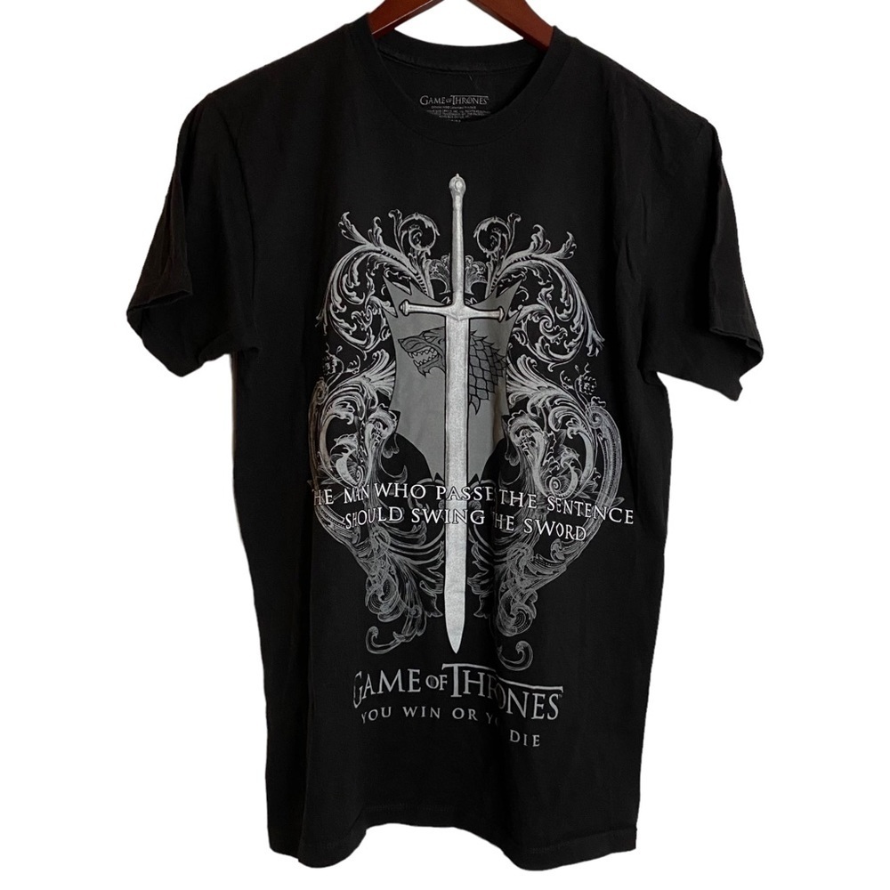 HBO Game of Thrones Ned Stark Quote Dire Wolf Sword Black Gray Tee Shirt Medium